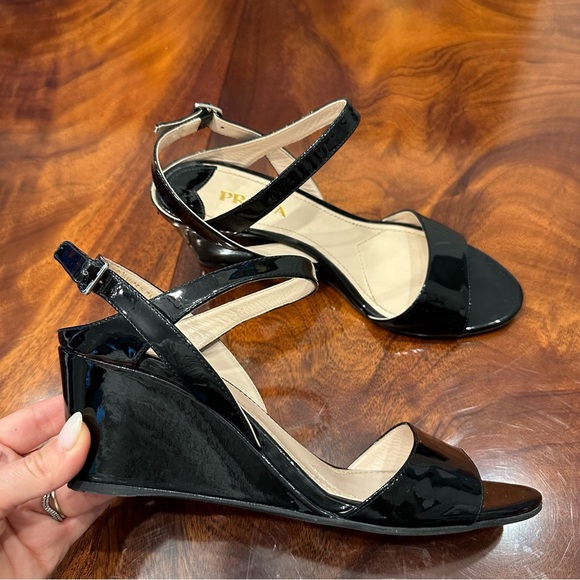 Prada Shoes - Prada Black Patent Leather Wedge Sandals
